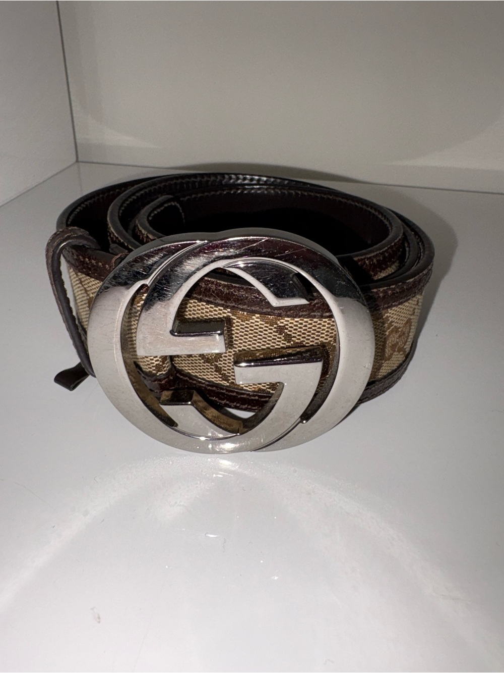 Authentic Gucci Brown Monogram Canvas Belt with Silver GG Buckle